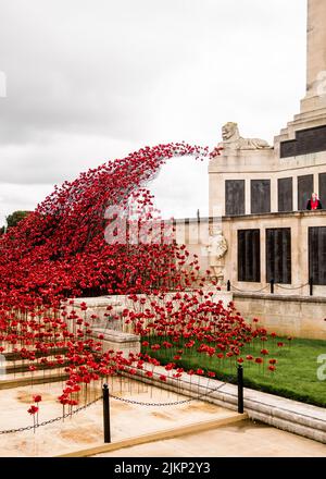 Des coquelicots en céramique à vagues qui surprennent ceux qui votent leur vie en mer pendant les deux guerres mondiales au Plymouth Hoe Navy War Memorial. Septembre 2017 Banque D'Images