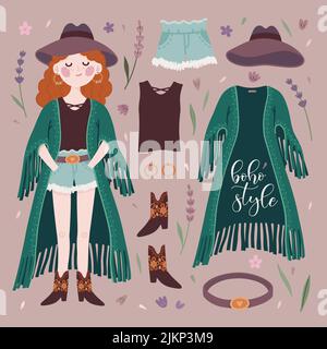 Fille boho et tenue Illustration de Vecteur