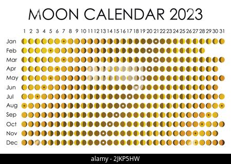 2023 Calendrier de la Lune.Conception de calendrier astrologique. planificateur.Placez les autocollants.Maquette du planificateur de cycle mensuel.Arrière-plan noir et blanc isolé Illustration de Vecteur