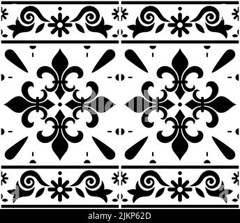 Mosaïque portugaise Azulejo motif décentif vectoriel sans couture avec motif fleur de lis, motif géométrique noir et blanc avec cadre ou bordure Illustration de Vecteur