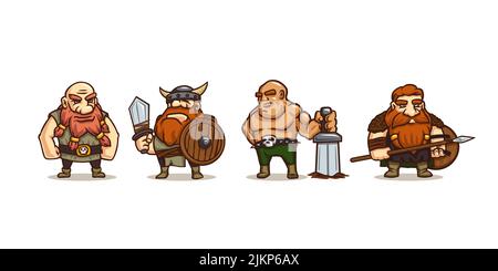 Personnages de dessins animés viking, guerriers scandinaves anciens avec barbe au gingembre, épée, lance et boucliers en bois. Personnages de jeu, drôle barbare médiéval Illustration de Vecteur