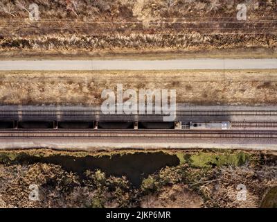 A birds eye view shot of an old abandoned railroad Stock Photo