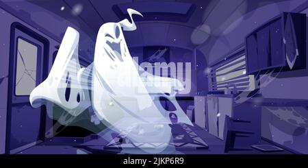 Fantôme dans l'intérieur de la remorque de camping abandonnée. Personnage de dessin animé Halloween à l'intérieur de la vieille maison de moteur de RV avec des meubles cassés, toile d'araignée la nuit. Illustration de Vecteur