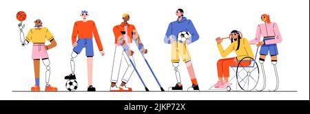 Les sportifs, les athlètes paralympiques ayant des handicaps différents. Illustration vectorielle plate de divers personnages actifs avec prothèse et fauteuil roulant Illustration de Vecteur