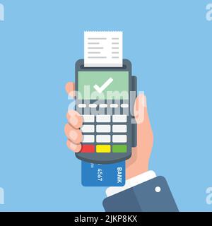 Main mâle tenant l'icône de la machine de paiement POS dans un style plat. Illustration du vecteur de paiement en ligne sur un arrière-plan isolé. Transaction bancaire signer l'entreprise Illustration de Vecteur