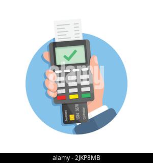 Main mâle tenant l'icône de la machine de paiement POS dans un style plat. Illustration du vecteur de paiement en ligne sur un arrière-plan isolé. Transaction bancaire signer l'entreprise Illustration de Vecteur