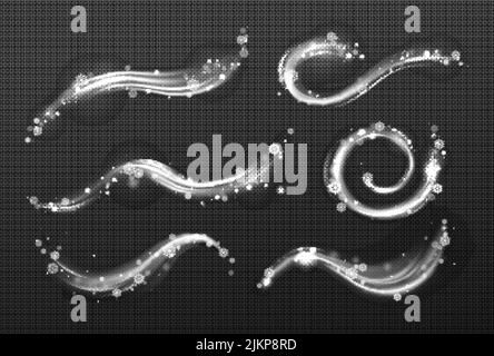 Effet de vent d'hiver avec tourbillons et vagues de nuages blancs avec neige. Vecteur ensemble réaliste de blizzard, gel soufflant de l'air avec flocons de neige isolés Illustration de Vecteur