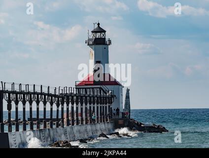 A vertical shot of the Michigan City lighthouse on Lake Michigan in Indiana, United States Stock Photo