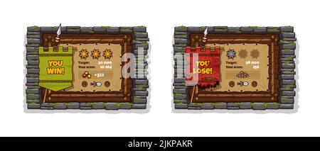 Jeu gagner et perdre des bannières avec cadre de brique de pierre et de bois de planche. Ensemble de dessins animés vectoriels d'éléments d'interface utilisateur de jeu dans le style médiéval, de marquer des bannières avec pennan Illustration de Vecteur