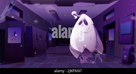 Fantôme dans l'intérieur abandonné de la salle d'école la nuit. Personnage de dessin animé Halloween à l'intérieur du vieux couloir d'université avec toile d'araignée, casiers et mur brisé Illustration de Vecteur