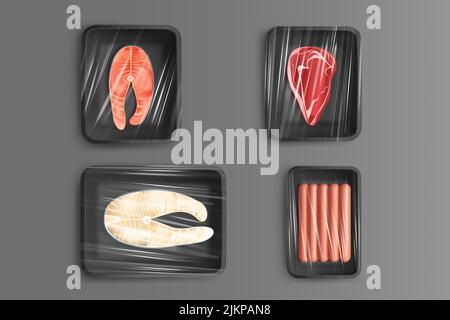 Aliments dans des emballages en plastique pour le commerce de détail, poisson frais, viande et saucisses, steaks de bœuf crus, saumon ou filet de flétan. Conception de produits isolés eleme Illustration de Vecteur