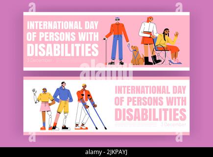 Affiches de la Journée internationale des personnes handicapées. Bannières vectorielles avec illustration plate de fille en fauteuil roulant, aveugle avec chien guide, homme et wom Illustration de Vecteur