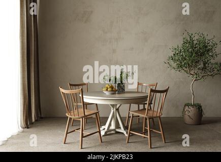 Table de salle à manger. Rendu de haute qualité de l'illustration 3D. Créer une maquette de mur vide. Décoration intérieure rustique avec plantes scandinaves. Banque D'Images