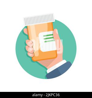 Bouteille de pilule dans la main illustration dans le style plat. Illustration vectorielle des capsules médicales sur fond blanc isolé. Concept commercial des affiches de la pharmacie. Illustration de Vecteur
