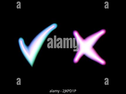 Néon lumineux oui et pas de coches. Vérifier les signes de brillance et de croisement. Voter approuver et rejeter les icônes lumineuses. Emblèmes X et V. Illustration de Vecteur