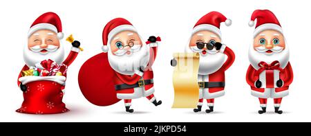 Ensemble de 3D personnages de noël du Père Noël. Le personnage de noël du Père noël dans différentes postures et gestes comme la tenue de liste de souhaits, sac et cadeaux. Illustration de Vecteur
