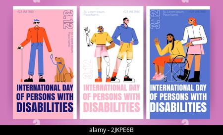 Affiches de la Journée internationale des personnes handicapées. Bannières vectorielles avec illustration plate de fille en fauteuil roulant, aveugle avec chien guide, homme et wom Illustration de Vecteur