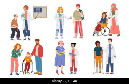 Les patients sur rendez-vous de médecin, de pédiatrie, de traumatologie ou de gynécologie les médecins communiquent avec les personnes blessées. Enfant sur des béquilles, vieux homme joint de hanche si Illustration de Vecteur