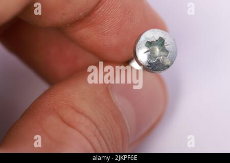 Un gros plan d'une main tenant une vis à tête ronde métallique sur un fond blanc Banque D'Images