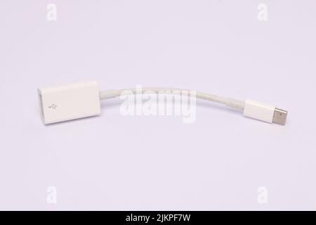 A closeup of a USB-C to USB adapter isolated on a white background with copyspace Stock Photo