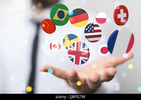 The flags of several countries over a person's hand during presentation Banque D'Images