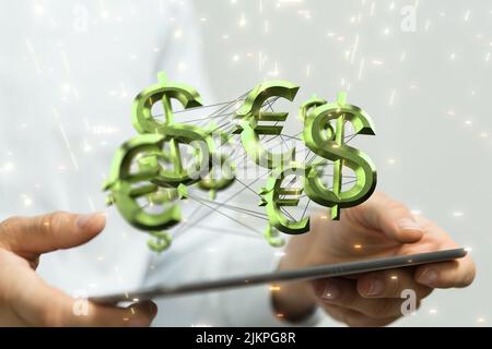 Un gros plan des icônes de l'Euro et du Dollar vert illustré sur la main d'une personne tenant une tablette. Concept d'échange de monnaie Banque D'Images