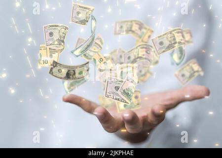 A 3D rendering of Euro paper bills with falling digital rain over a hand Stock Photo