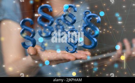 A 3D rendering of Paragraph symbols floating over a hand- Law and Justice concept Stock Photo