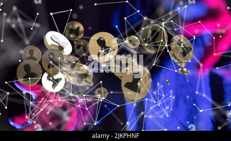 A businessman holding 3D rendered human icons connected with dots for hierarchy and management concept Stock Photo