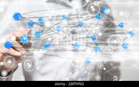 A businessman touching 3D rendered connected dots, a digital network and connection concept Stock Photo