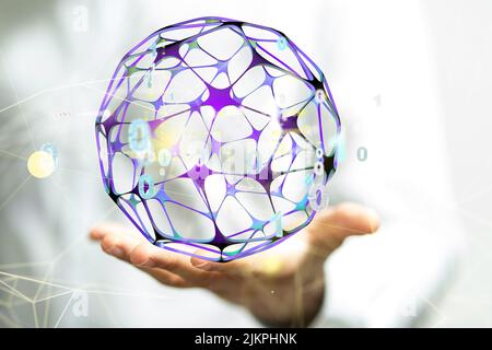 A closeup of a hand holding a 3D rendered purple globe scheme for a networking concept Stock Photo