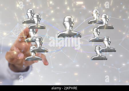 A 3d rendering of human figures in silver connected with neural networks and a finger pointing Stock Photo