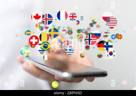 A 3d rendering of international flags and neural connections floating above a smartphone Stock Photo