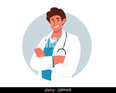 Médecin souriant avec bras croisés et stéthoscope.Illustration vectorielle plate Illustration de Vecteur