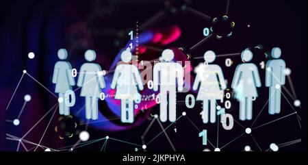 A 3d rendering of human figures and data lines connections floating Stock Photo