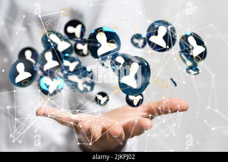 Une illustration de 3D figures humaines flottant au-dessus d'une main reliée à des lignes blanches Banque D'Images