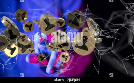 A 3D illustration of human figures in golden circles floating in the air connected with lines Stock Photo