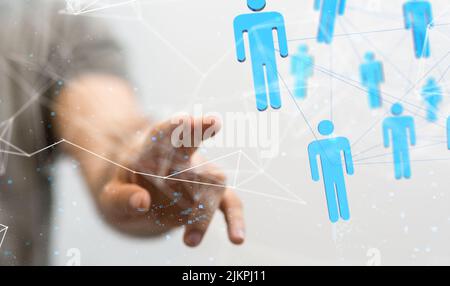 A 3d rendering of blue human figures connected with lines and a hand pointing, global network concept Stock Photo