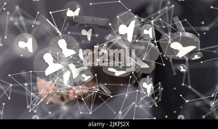 A 3D rendering of grey and white human figures floating in the air connected with white lines Stock Photo