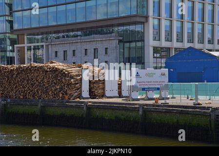 Une grosse pile de bois provenant de l'industrie de la foresty irlandaise attendant son expédition au port de Cork, Cork, Irlande. Juillet 2022 Banque D'Images