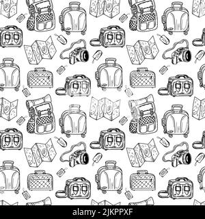 Motif sans couture des sacs à bagages, dessinés à la main dans un style d'esquisse. Illustration vectorielle. Grande valise, petit sac, sac à dos, bagage à main, valise. Bagages. Illustration de Vecteur