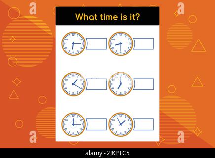 Temps d'apprentissage. Feuille d'activités éducatives pour les enfants. Quelle heure est-il ? Illustration de Vecteur
