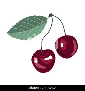 Paire de cerises rouges de dessin animé frais. Icône ou logo isolé sur fond blanc. Illustration vectorielle pour n'importe quelle conception. Illustration de Vecteur