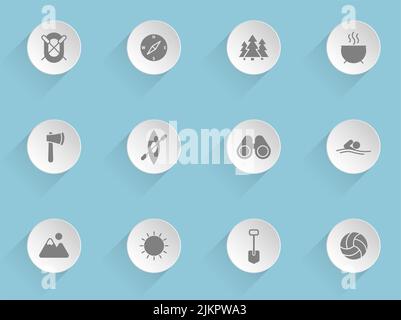 icônes de vecteur de camping sur des cercles de papier bouffis ronds avec des ombres transparentes sur fond bleu. Icônes vectorielles de stock pour le Web, le mobile et l'interface utilisateur d Illustration de Vecteur