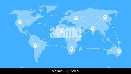 illustration vectorielle bleue de la carte du monde avec des paointers blancs reliés par une ligne en pointillés, sur tous les continents Illustration de Vecteur