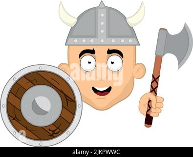 Illustration vectorielle du visage d'une caricature viking avec un casque, un bouclier et une hache en main Illustration de Vecteur