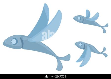 Ensemble d'éléments de dessin animé de poisson volant, vecteur de couleur isolé, horizontal Illustration de Vecteur