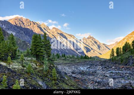 Début juillet matin dans les montagnes sibériennes. Rivière de montagne dans un large canal de pierre. Sayan de l'est. Russie Banque D'Images