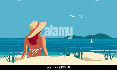 Une femme se détend sur une affiche vecteur de voyage sur la plage de sable de mer. Été bord de mer bleu océan vue panoramique arrière-plan. Style rétro pop art dessiné à la main. Illustration de Vecteur