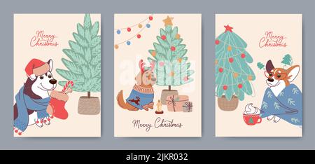 Lot de cartes de Noël amusantes avec de jolis chiens de différentes races. Cartes de vœux vectorielles de style plat. Personnages de dessins animés labrador, husky et corgi en costumes de fête près de l'arbre de Noël Illustration de Vecteur
